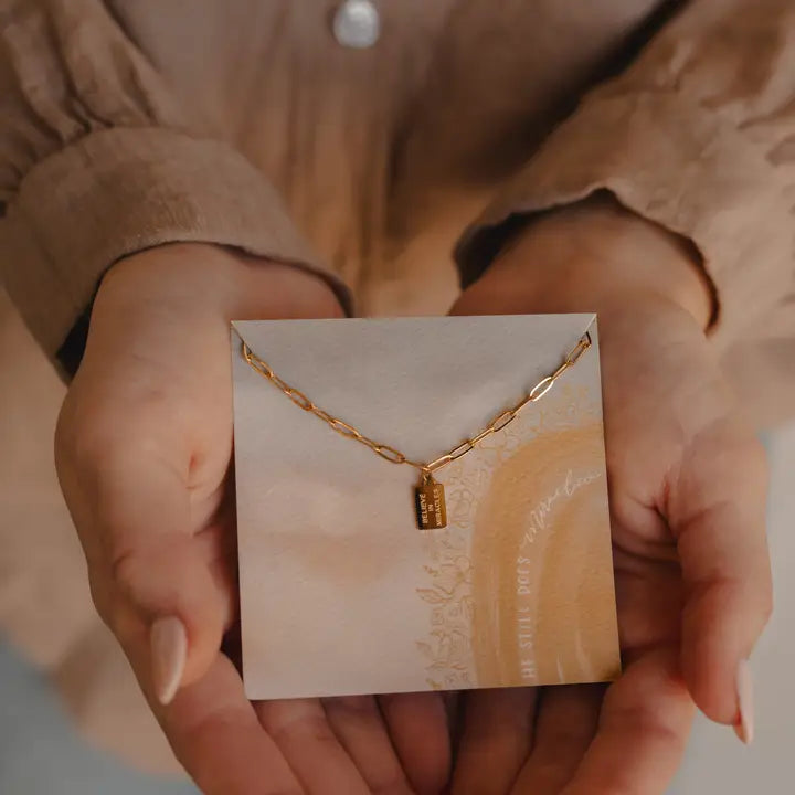 mini tag necklace // believe in miracles (14k gold)