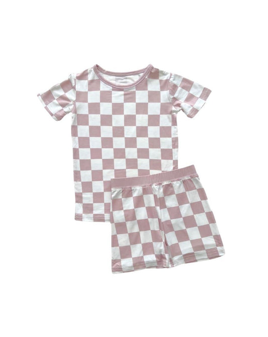 latte checkered bamboo pajamas // SHORT-SLEEVE TWO-PIECE SET (*AVAILABLE IN EXTENDED SIZING UP TO 8/9*)
