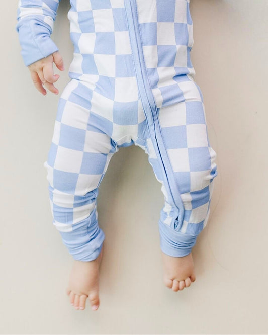 blue checkered bamboo footie