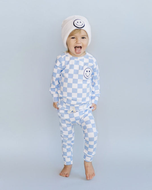 checkered smiley lounge set // blue (*available in extended sizing up to 8/9*)