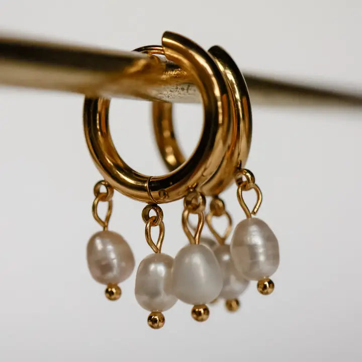 triple pearl huggie hoop earrings