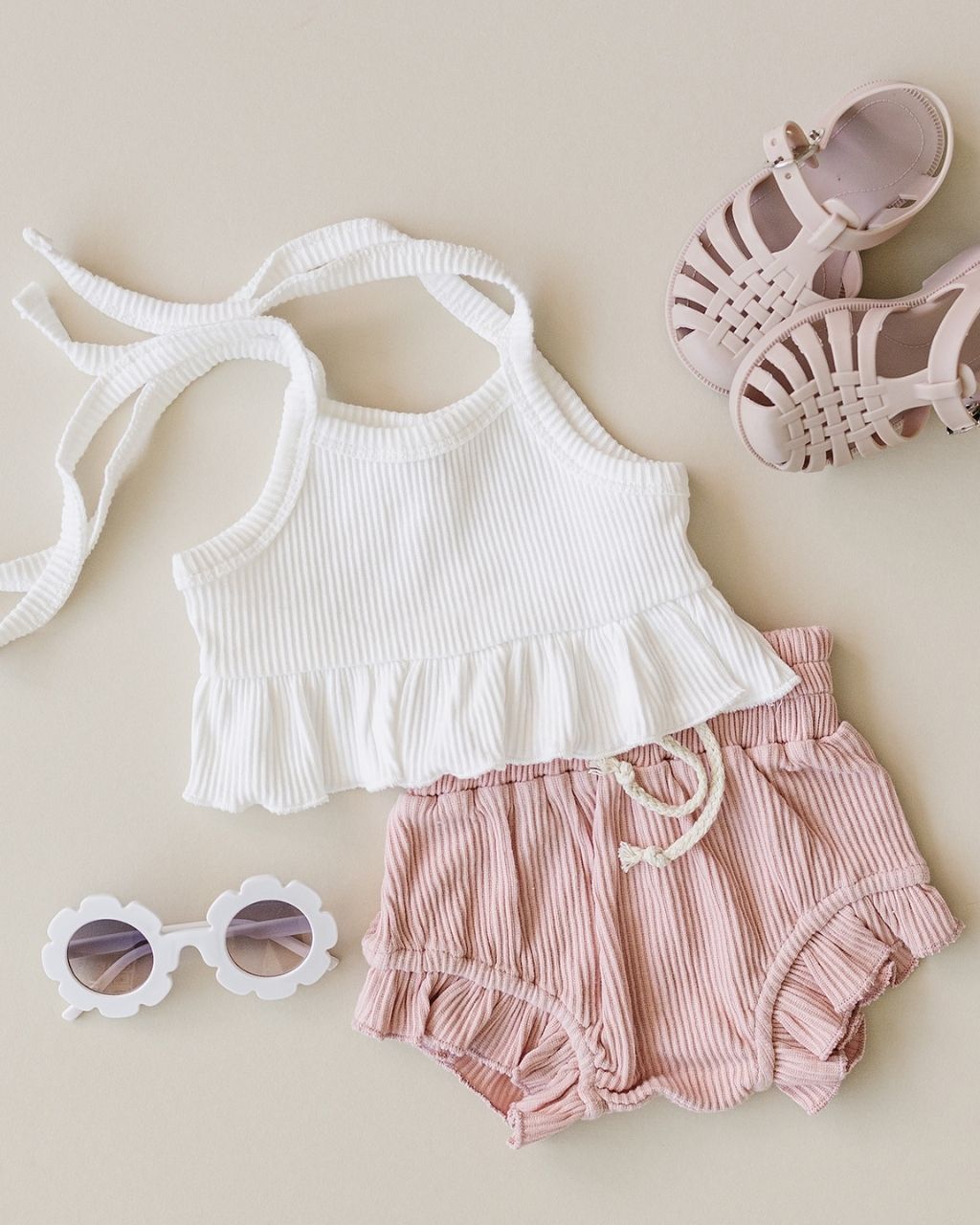 ribbed crop top set // pink + white