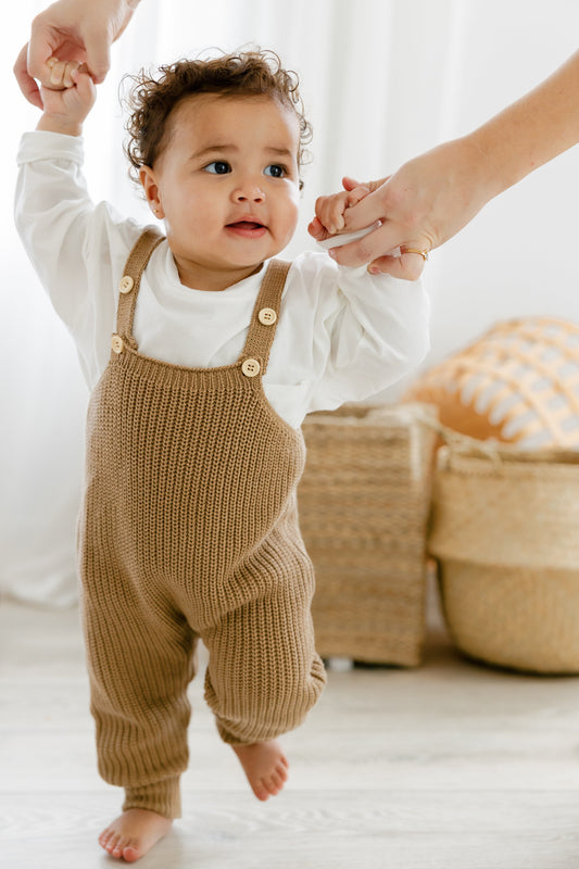 knit overalls // brown