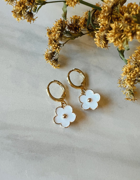 DAISY // white + gold flower huggies
